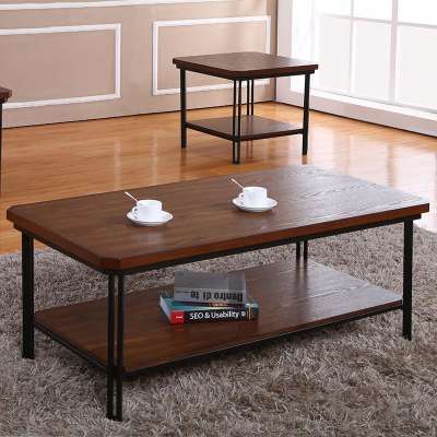 Low Price Retro Design Living Room Furniture Luxury Wood Grain Double Desktop Metal Spray Legs Square Coffee Table