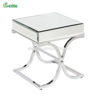 Square mirror top metal cross based sofa side table